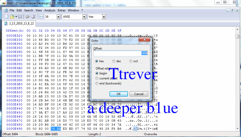 2. Extract the save to your desktop, and open it in a hex editor. Press crtl g and type in e494. It should take you to the hex values in the picture.