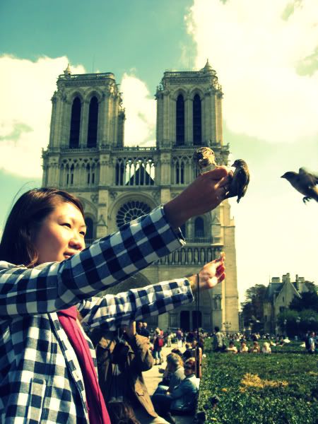 Chris C. feeding the birds in front of the Notre Dame